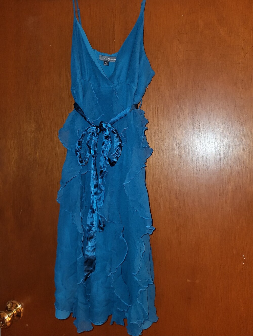 Forever 21 Teal Blue Ruffled Silk Midi Dress with Satin Tie, Size M